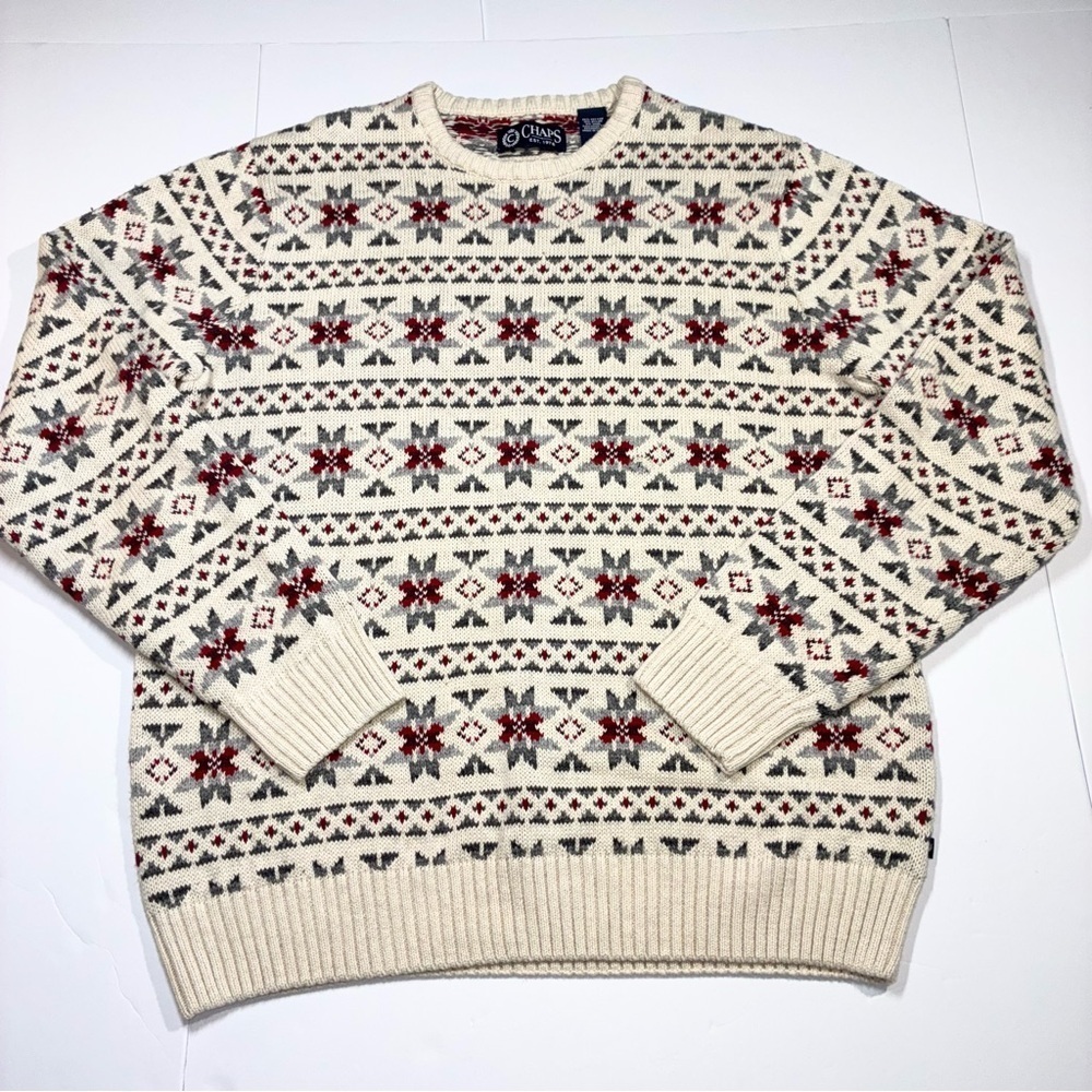 Vintage Fair Isle Knit Sweater Crew Neck Holiday Ski Chaps Mens Large